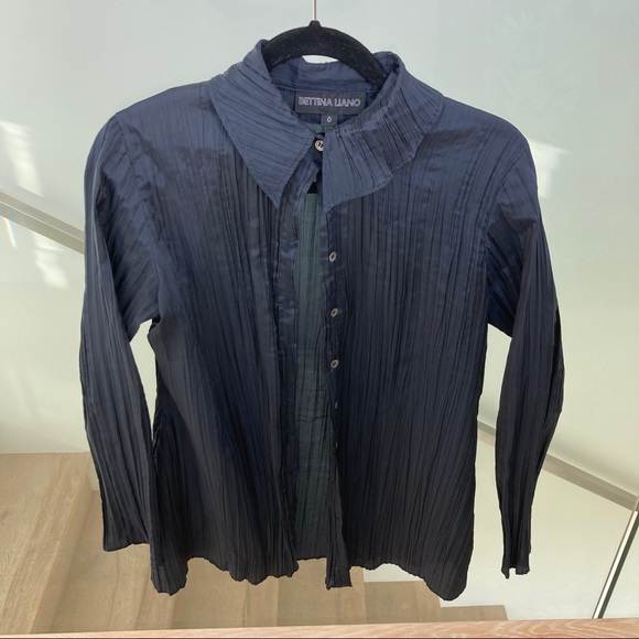 Navy Blue Pleated Button Up Shirt - Picture 1 of 8